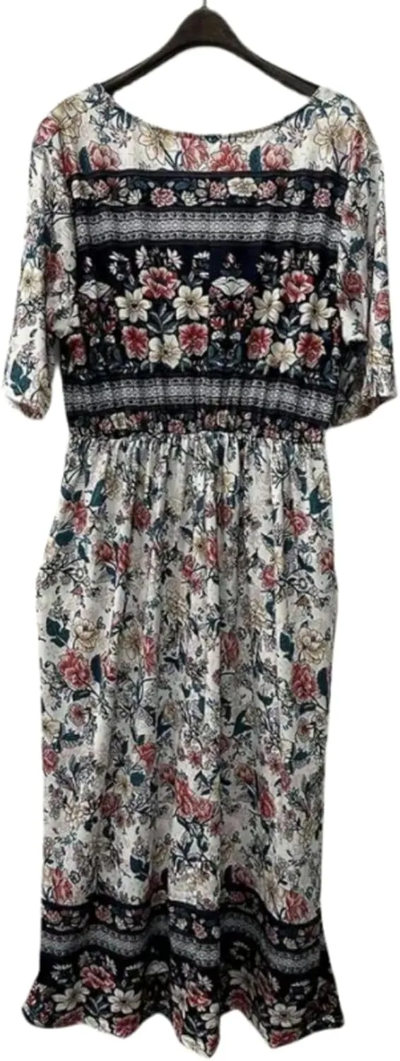 Women's Boho Summer Crewneck Floral Print Midi Tshirt Dress Casual Loose Short Sleeve Beach Dresses with Pockets