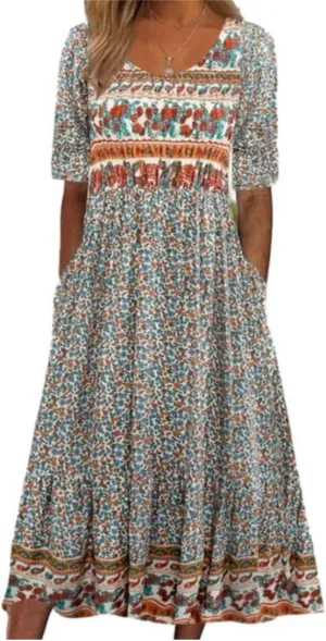 Women's Boho Summer Crewneck Floral Print Midi Tshirt Dress Casual Loose Short Sleeve Beach Dresses with Pockets