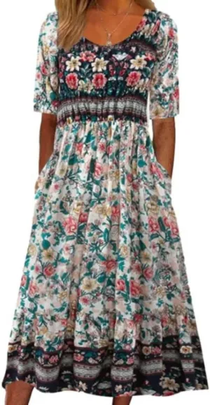 Women's Boho Summer Crewneck Floral Print Midi Tshirt Dress Casual Loose Short Sleeve Beach Dresses with Pockets