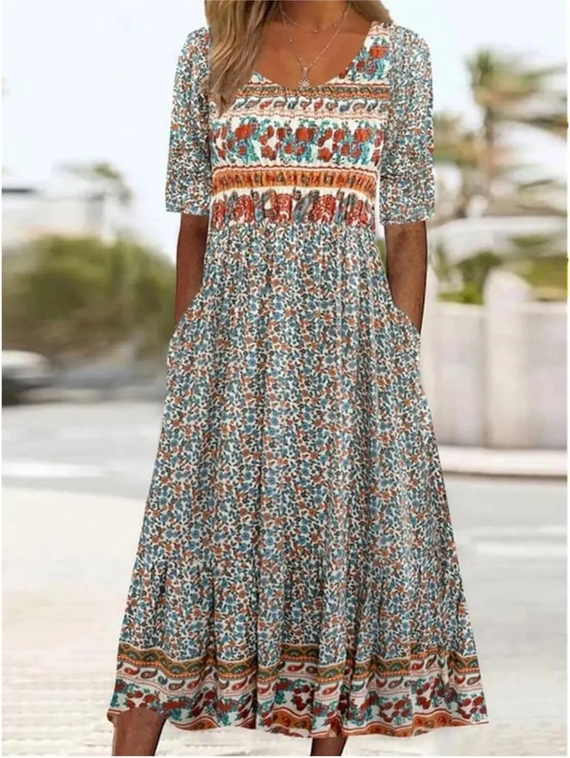 Women's Boho Summer Crewneck Floral Print Midi Tshirt Dress Casual Loose Short Sleeve Beach Dresses with Pockets