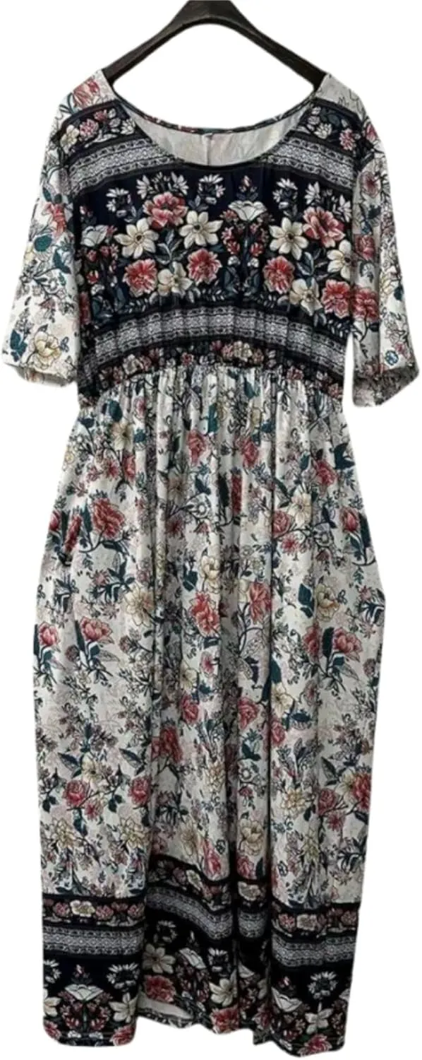 Women's Boho Summer Crewneck Floral Print Midi Tshirt Dress Casual Loose Short Sleeve Beach Dresses with Pockets