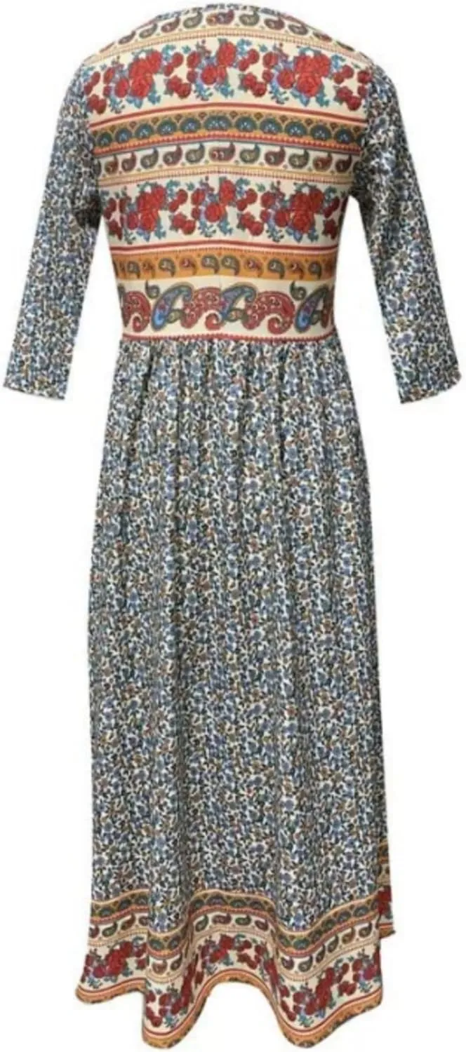 Women's Boho Summer Crewneck Floral Print Midi Tshirt Dress Casual Loose Short Sleeve Beach Dresses with Pockets