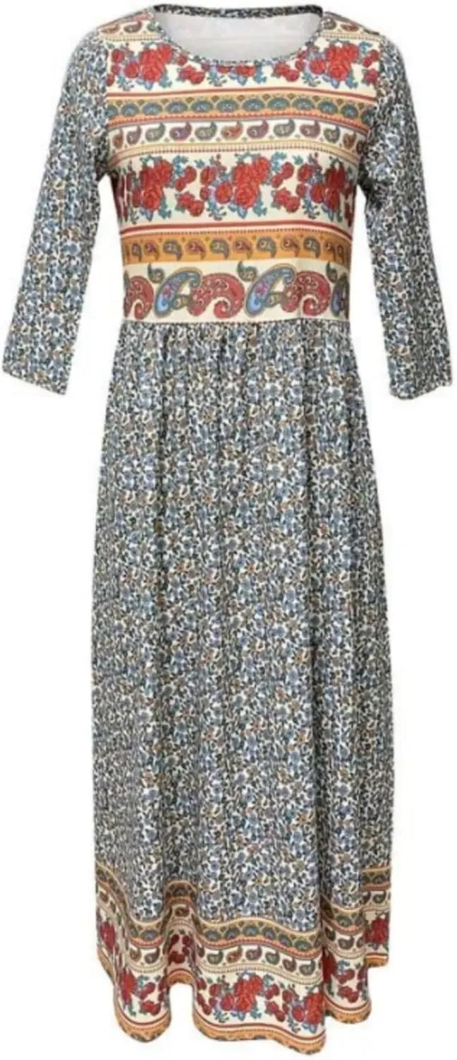 Women's Boho Summer Crewneck Floral Print Midi Tshirt Dress Casual Loose Short Sleeve Beach Dresses with Pockets