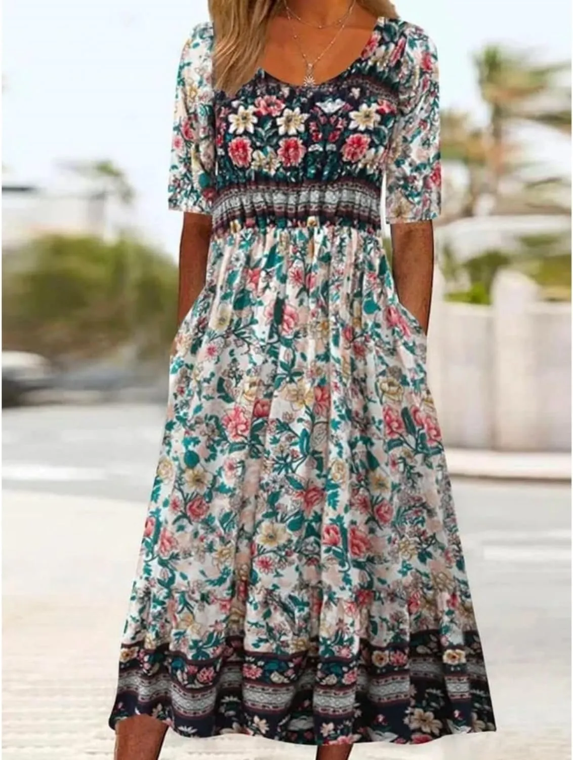 Women's Boho Summer Crewneck Floral Print Midi Tshirt Dress Casual Loose Short Sleeve Beach Dresses with Pockets
