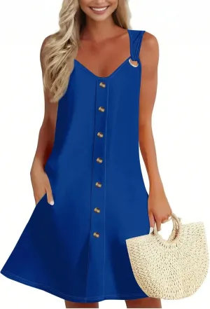 Women's Boho Summer Dresses 2025 Solid V Neck Button Down Sleeveless Tank Sundress with Pockets Mini Dresses, S-3XL