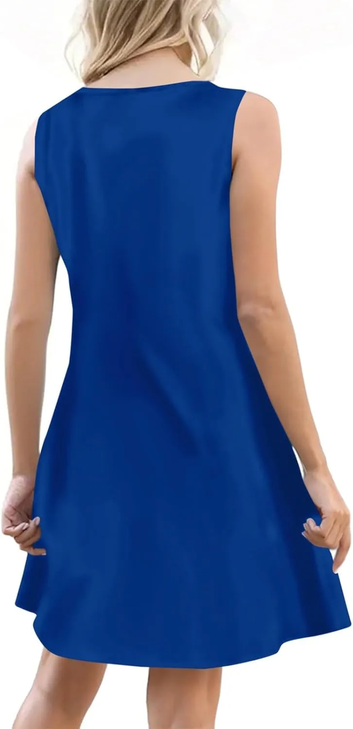 Women's Boho Summer Dresses 2025 Solid V Neck Button Down Sleeveless Tank Sundress with Pockets Mini Dresses, S-3XL