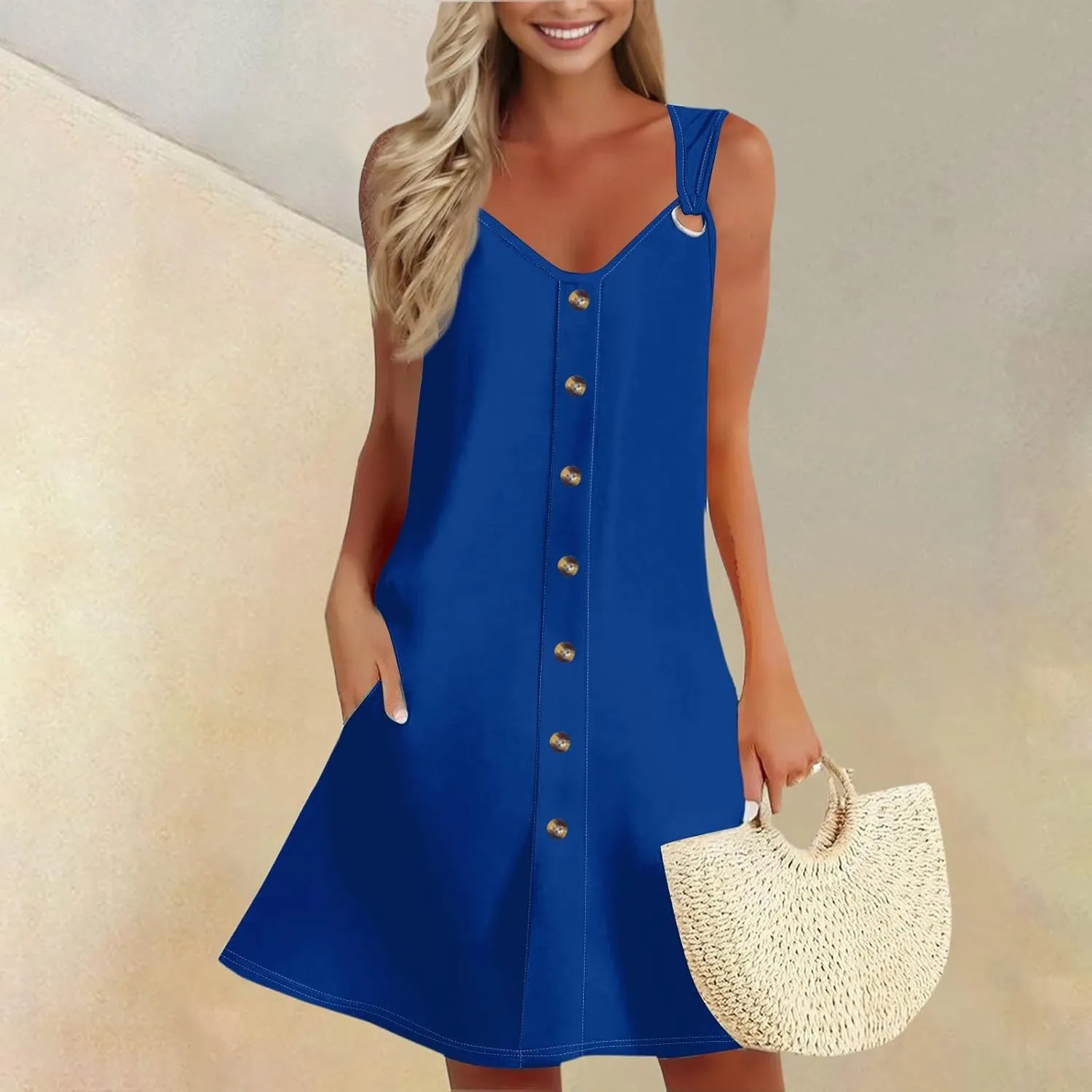 Women's Boho Summer Dresses 2025 Solid V Neck Button Down Sleeveless Tank Sundress with Pockets Mini Dresses, S-3XL