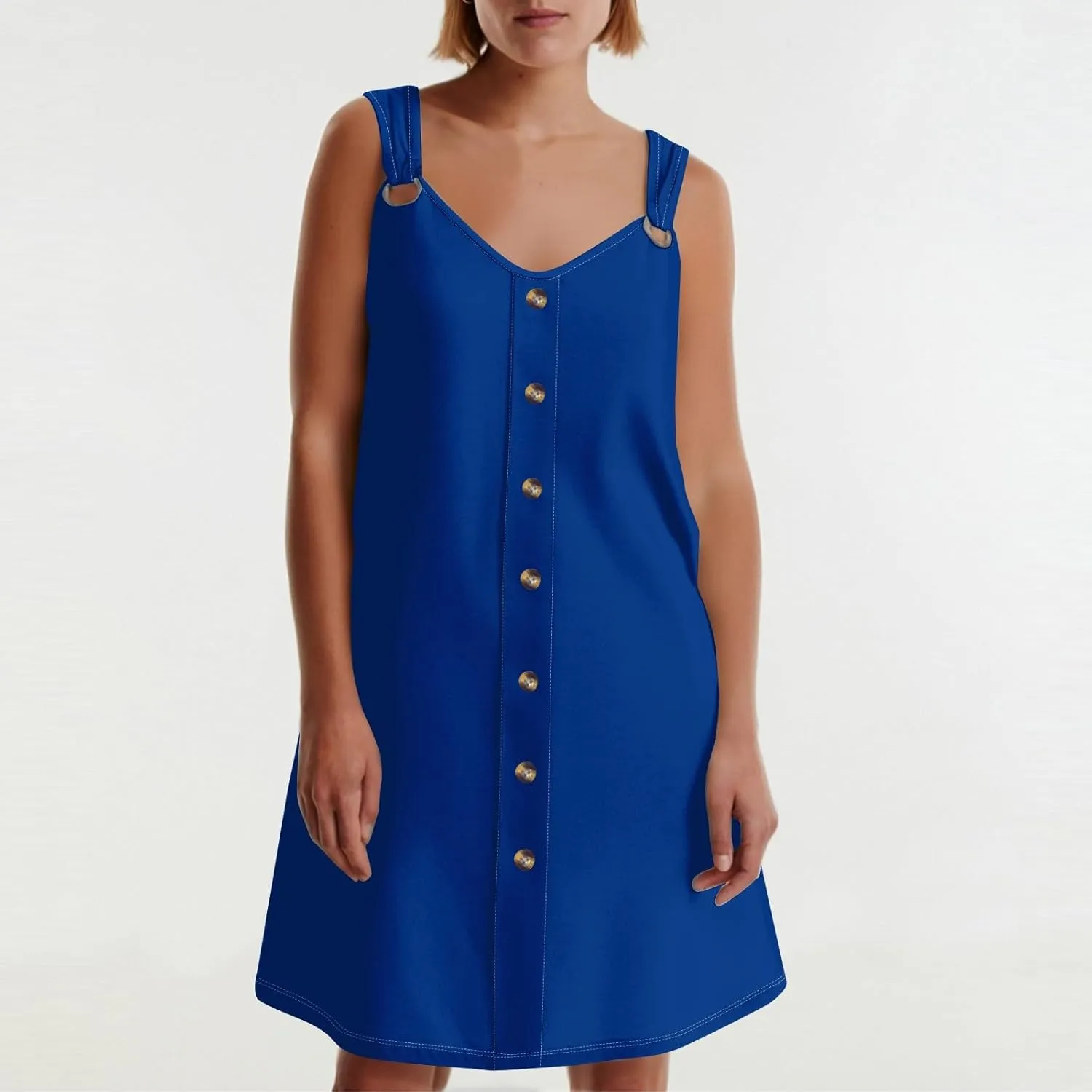 Women's Boho Summer Dresses 2025 Solid V Neck Button Down Sleeveless Tank Sundress with Pockets Mini Dresses, S-3XL