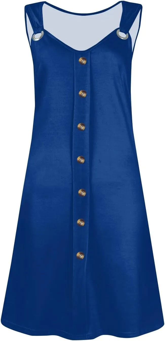 Women's Boho Summer Dresses 2025 Solid V Neck Button Down Sleeveless Tank Sundress with Pockets Mini Dresses, S-3XL