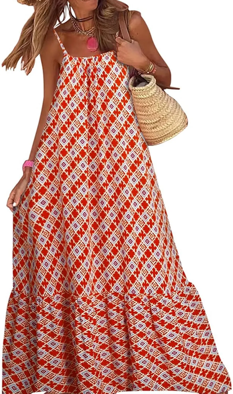 Womens Boho Tank Dress Spaghetti Strap Sleeveless Scoop Neck Maxi Dresses Summe Floral A Line Smocked Ruffle Dress