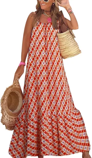 Womens Boho Tank Dress Spaghetti Strap Sleeveless Scoop Neck Maxi Dresses Summe Floral A Line Smocked Ruffle Dress