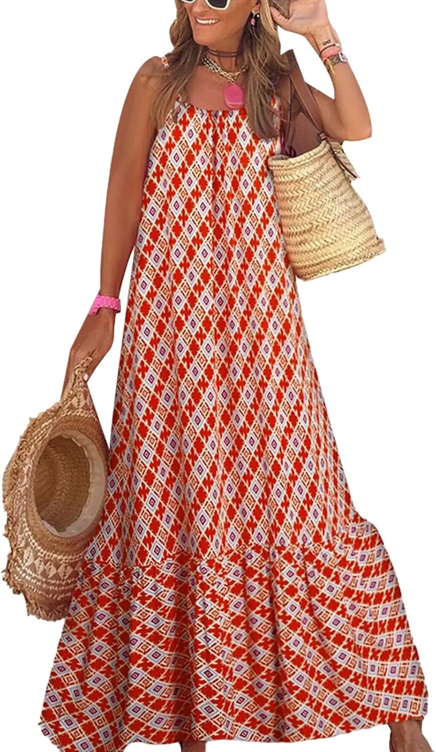 Womens Boho Tank Dress Spaghetti Strap Sleeveless Scoop Neck Maxi Dresses Summe Floral A Line Smocked Ruffle Dress