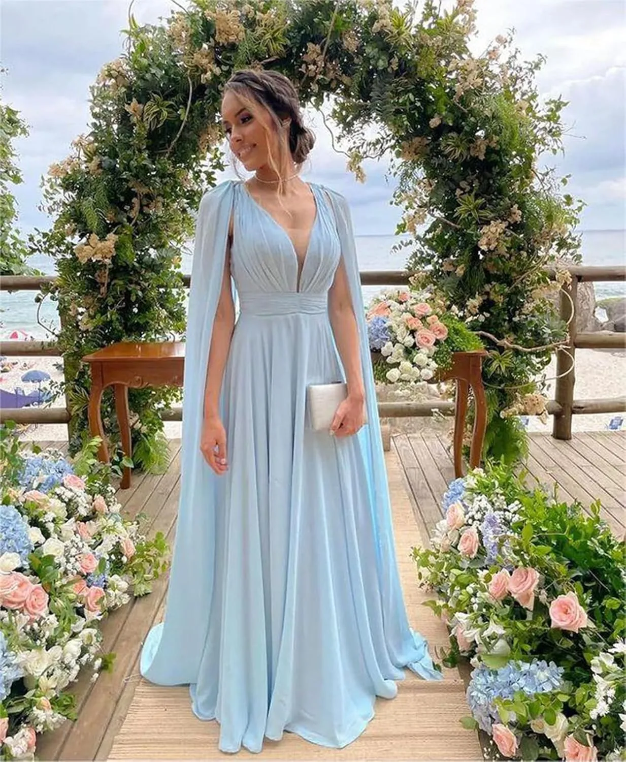 Women's Bridesmaid Dresses with Sleeves Pleated Chiffon V Neck Formal Evening Dress
