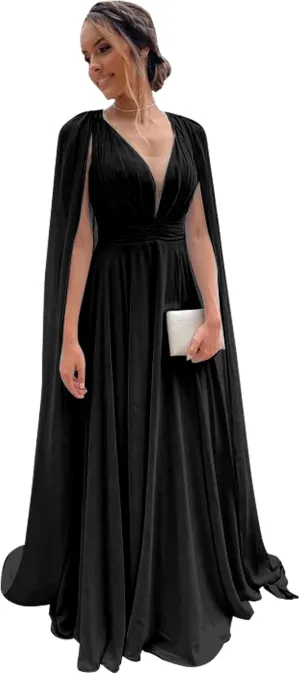 Women's Bridesmaid Dresses with Sleeves Pleated Chiffon V Neck Formal Evening Dress