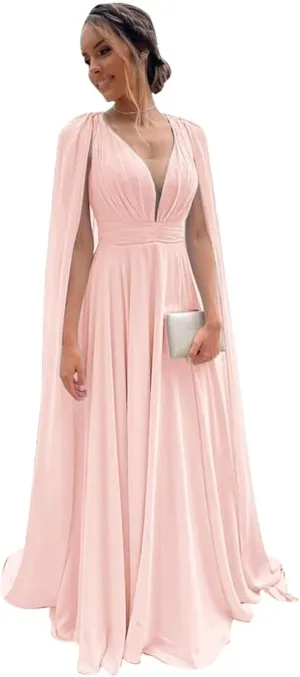 Women's Bridesmaid Dresses with Sleeves Pleated Chiffon V Neck Formal Evening Dress