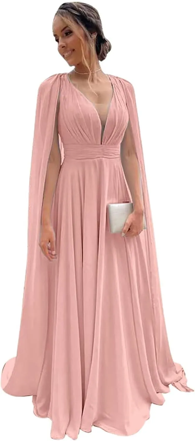 Women's Bridesmaid Dresses with Sleeves Pleated Chiffon V Neck Formal Evening Dress