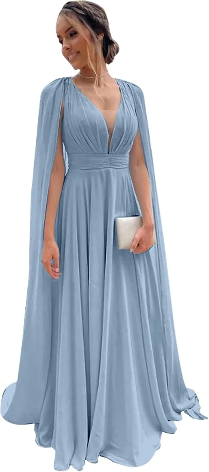 Women's Bridesmaid Dresses with Sleeves Pleated Chiffon V Neck Formal Evening Dress