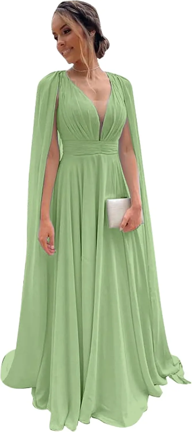 Women's Bridesmaid Dresses with Sleeves Pleated Chiffon V Neck Formal Evening Dress