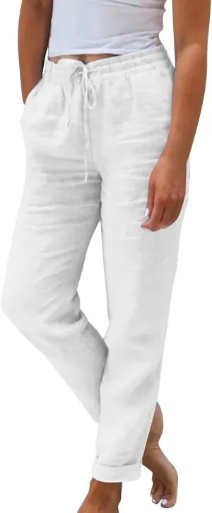 Womens Capris for Summer Cotton Linen Pants Casual 2025 Loose Comfy Trendy Elastic Waist Cropped Trouser Plus Size