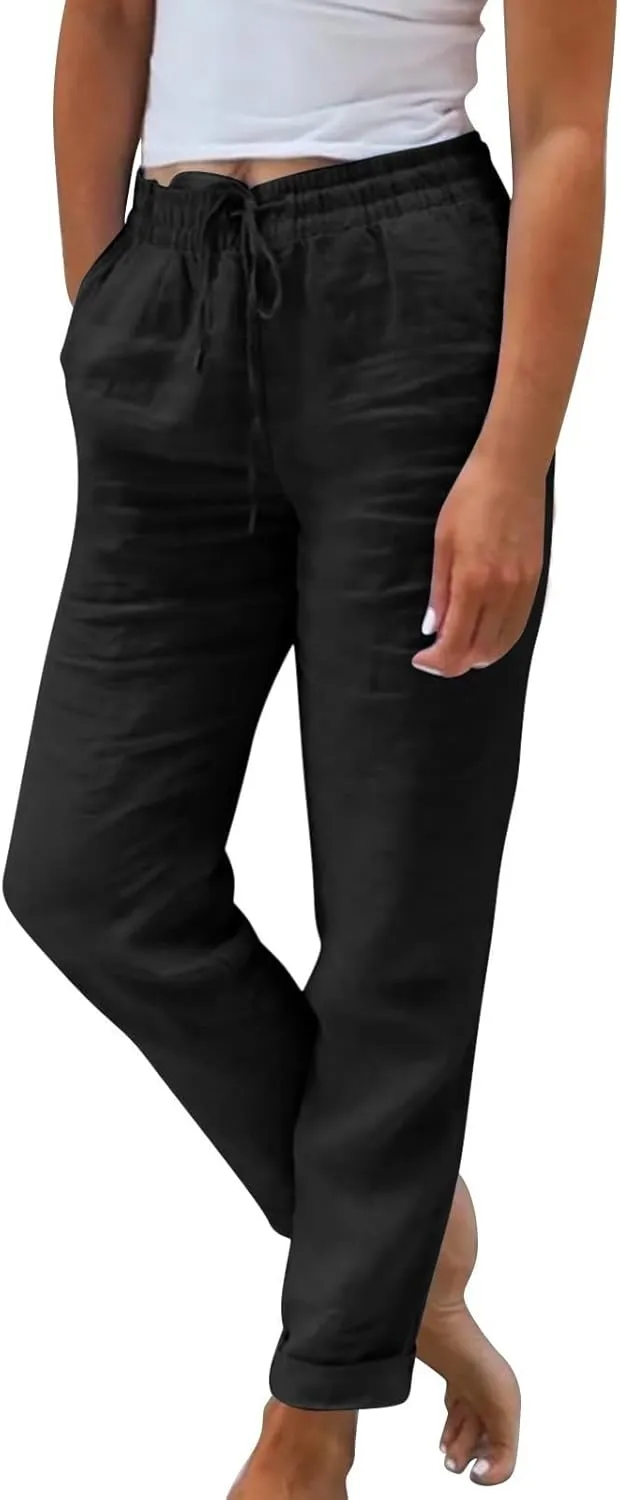 Womens Capris for Summer Cotton Linen Pants Casual 2025 Loose Comfy Trendy Elastic Waist Cropped Trouser Plus Size