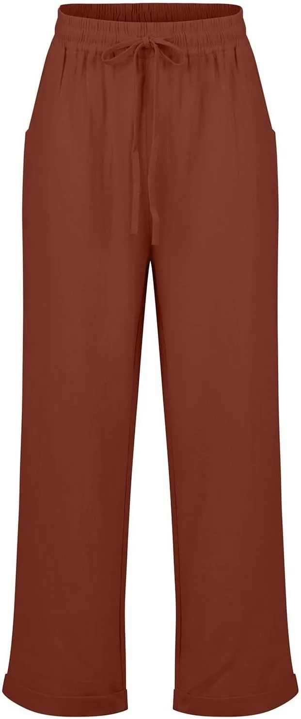 Womens Capris for Summer Cotton Linen Pants Casual 2025 Loose Comfy Trendy Elastic Waist Cropped Trouser Plus Size