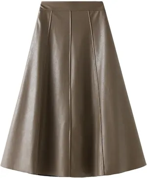 Women's Casual A-Line Flare Pleated Faux Leather Skater Skirts 50s Vintage Skirt Knee Length Ruched Flowy Midi Skirt