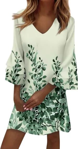 Womens Casual Boho Dresses Trendy Flower Print Summer Dress Loose Fit V Neck 3/4 Bell Sleeve Flowy Dress