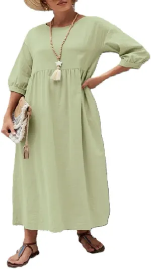 Womens Casual Cotton Linen Half Sleeve Dress Summer Trendy Flowy A Line Dress with Pockets Beach Loose Midi Dresses