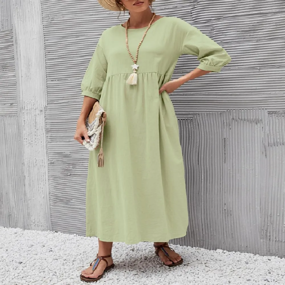 Womens Casual Cotton Linen Half Sleeve Dress Summer Trendy Flowy A Line Dress with Pockets Beach Loose Midi Dresses