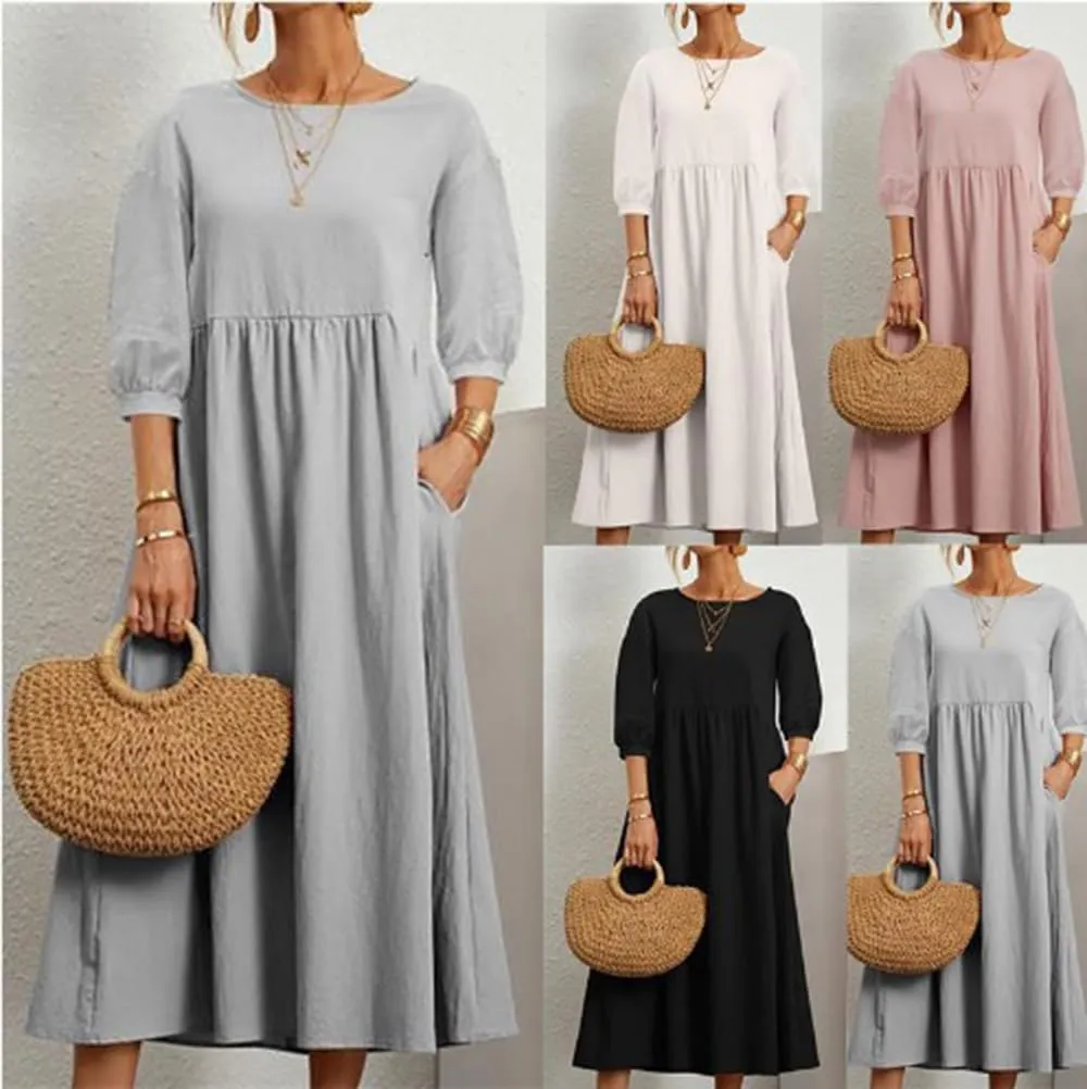 Womens Casual Cotton Linen Half Sleeve Dress Summer Trendy Flowy A Line Dress with Pockets Beach Loose Midi Dresses
