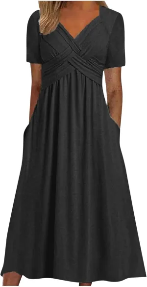 Womens Casual Dresses for Wedding Guest, Criss-Cross Front V Neck Beach Sundress Short Sleeve Maxi Dress with Pocket
