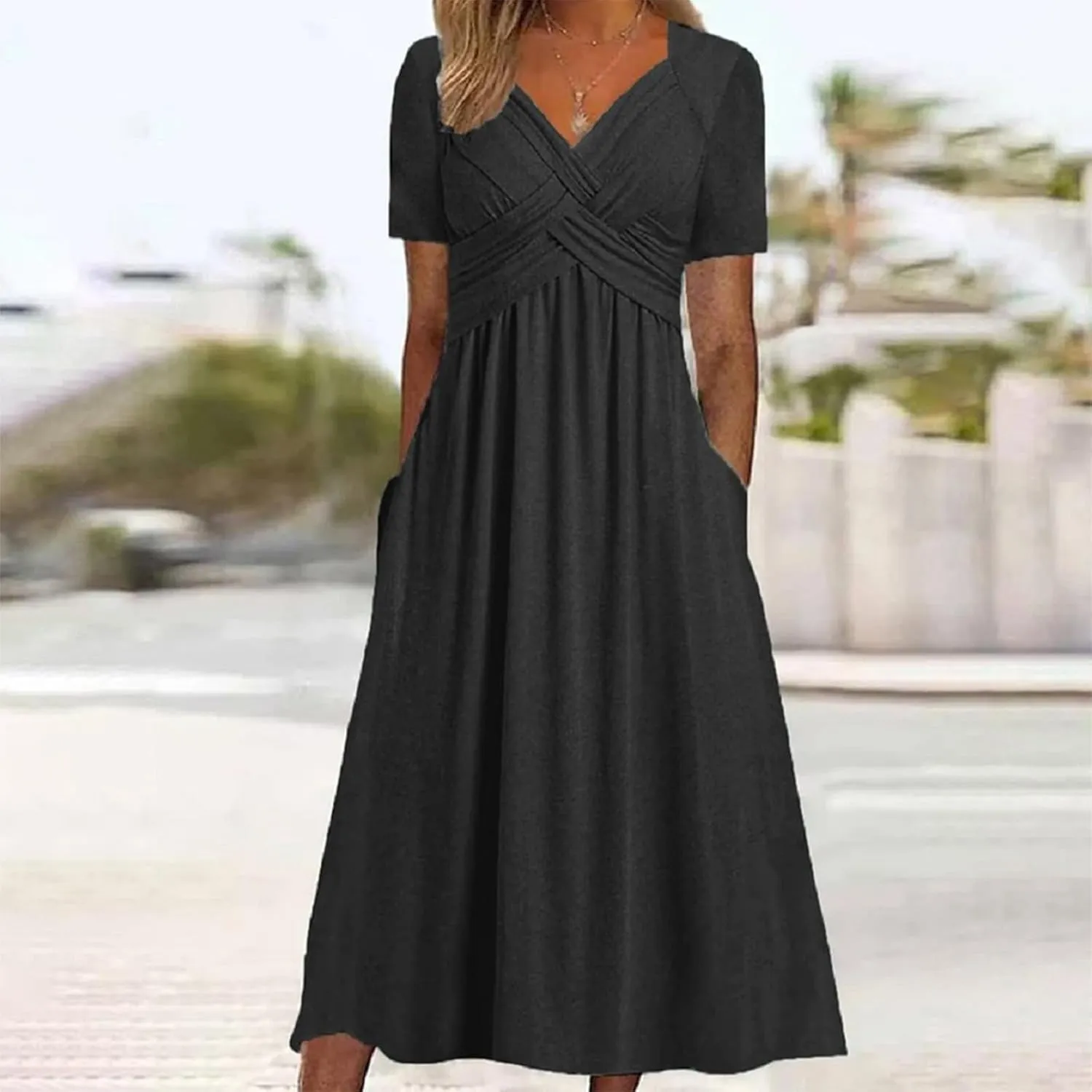 Womens Casual Dresses for Wedding Guest, Criss-Cross Front V Neck Beach Sundress Short Sleeve Maxi Dress with Pocket