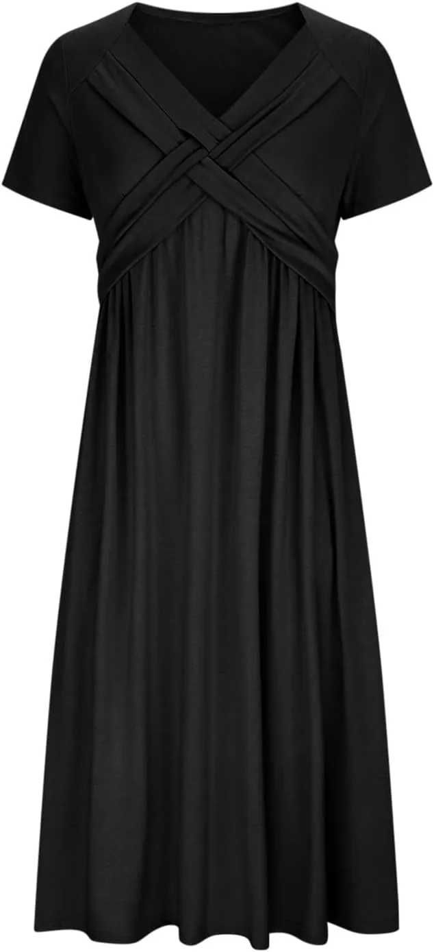Womens Casual Dresses for Wedding Guest, Criss-Cross Front V Neck Beach Sundress Short Sleeve Maxi Dress with Pocket
