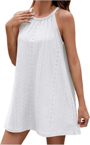Women's Casual Dresses,2025 Summer Mock Neck Tie Waist Halter Dress Sleeveless Dresses Casual Tie Back Sundress