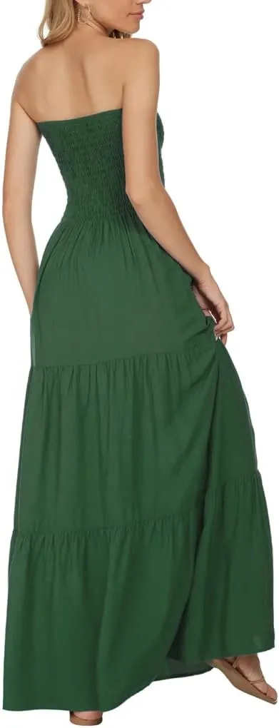 Women's Casual Off Shoulder Maxi Dress Strapless Tube Top Bohemian Beach Long Dresses 092