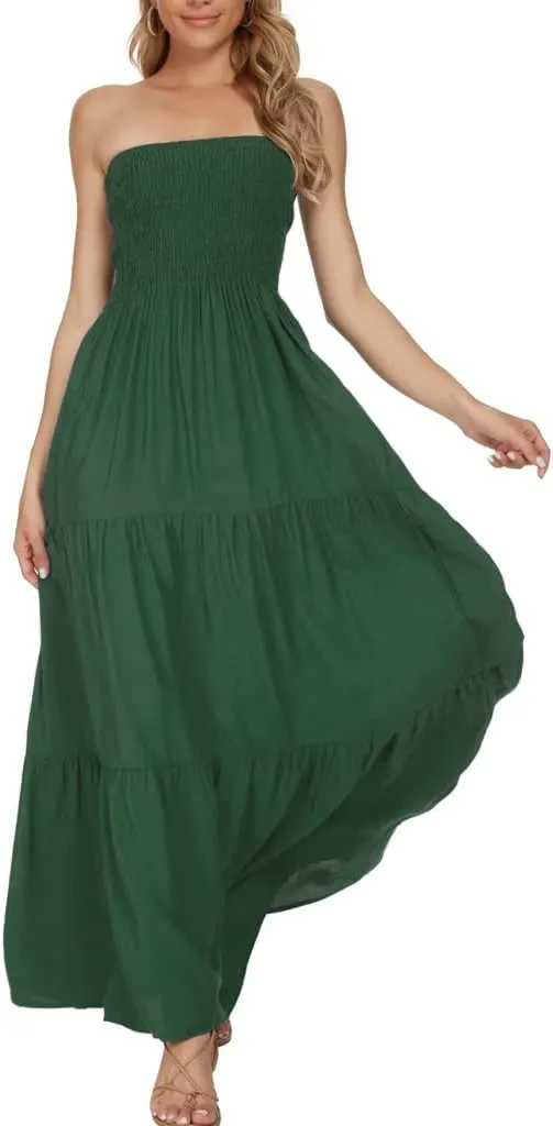 Women's Casual Off Shoulder Maxi Dress Strapless Tube Top Bohemian Beach Long Dresses 092