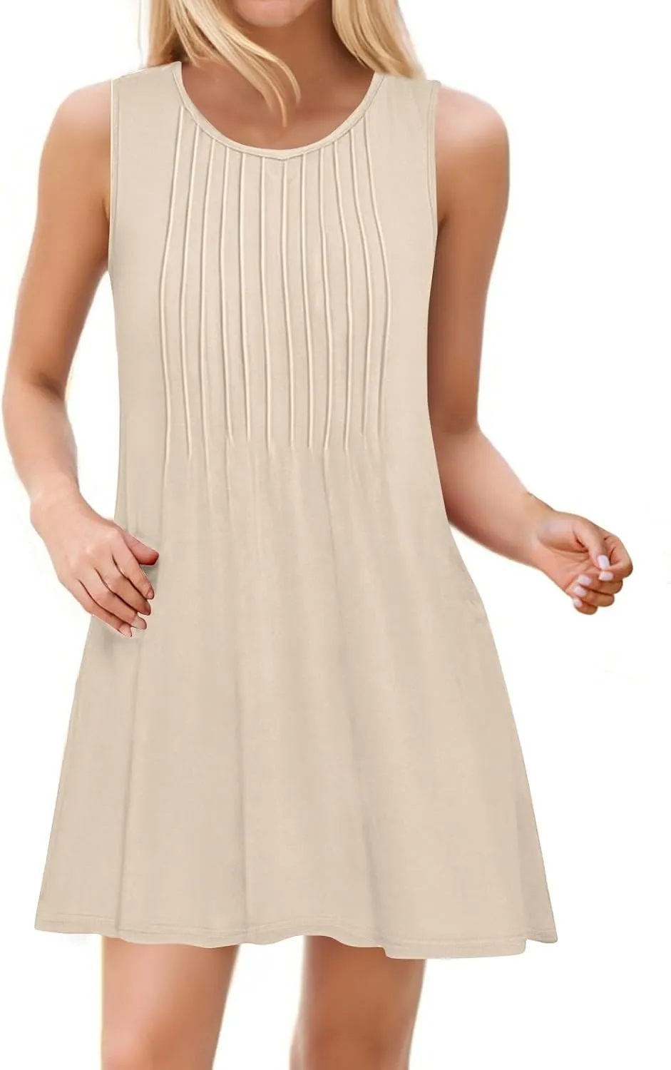 Womens Casual Sleeveless Dressy Dresses Sexy Pleated Evening Wear Swing Party A-Line Slim Solid Color Clubwear Dress
