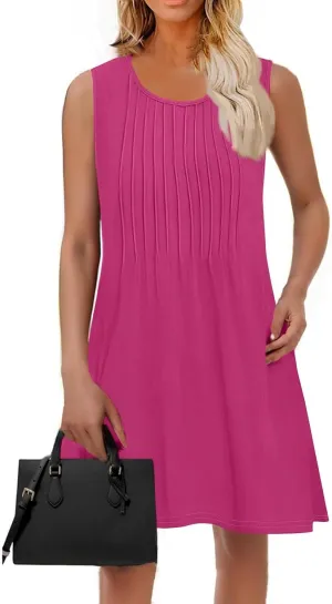 Womens Casual Sleeveless Dressy Dresses Sexy Pleated Evening Wear Swing Party A-Line Slim Solid Color Clubwear Dress