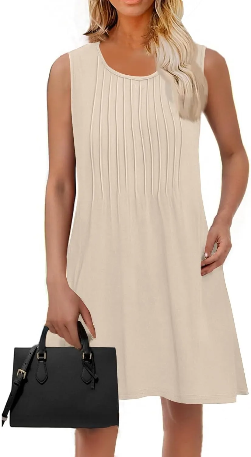 Womens Casual Sleeveless Dressy Dresses Sexy Pleated Evening Wear Swing Party A-Line Slim Solid Color Clubwear Dress