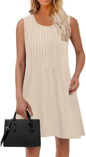 Womens Casual Sleeveless Dressy Dresses Sexy Pleated Evening Wear Swing Party A-Line Slim Solid Color Clubwear Dress
