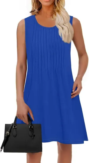 Womens Casual Sleeveless Dressy Dresses Sexy Pleated Evening Wear Swing Party A-Line Slim Solid Color Clubwear Dress