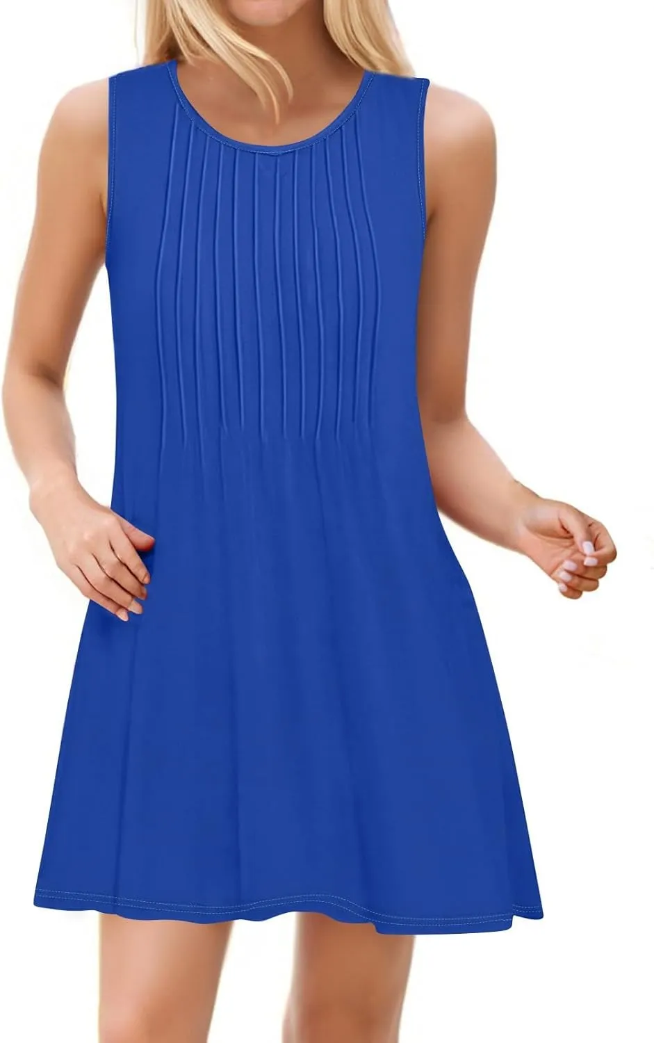 Womens Casual Sleeveless Dressy Dresses Sexy Pleated Evening Wear Swing Party A-Line Slim Solid Color Clubwear Dress