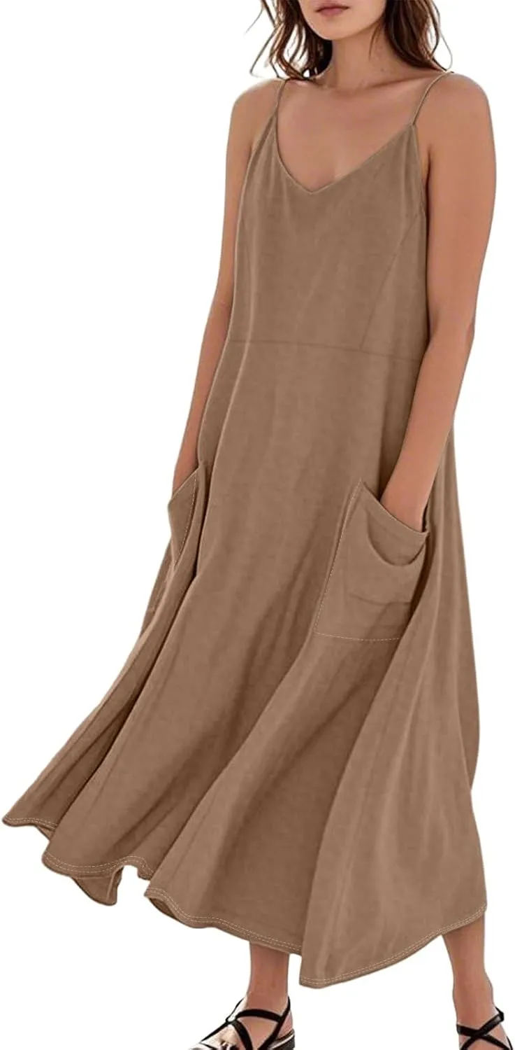 Women's Casual Solid Color Dresses Adult Summer Loose Sleeveless Pocket Spaghetti Straps Dresses