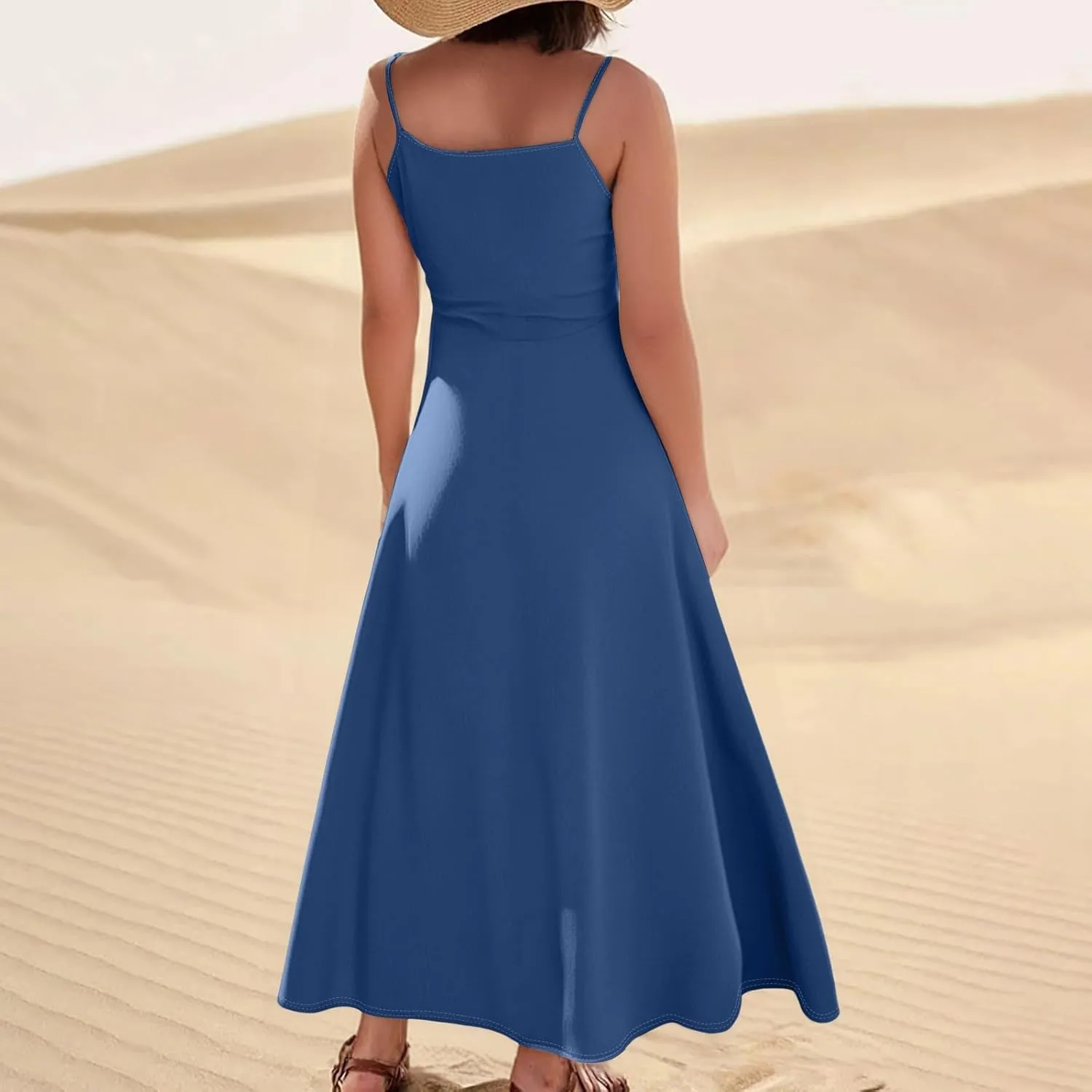Women's Casual Solid Color Dresses Adult Summer Loose Sleeveless Pocket Spaghetti Straps Dresses