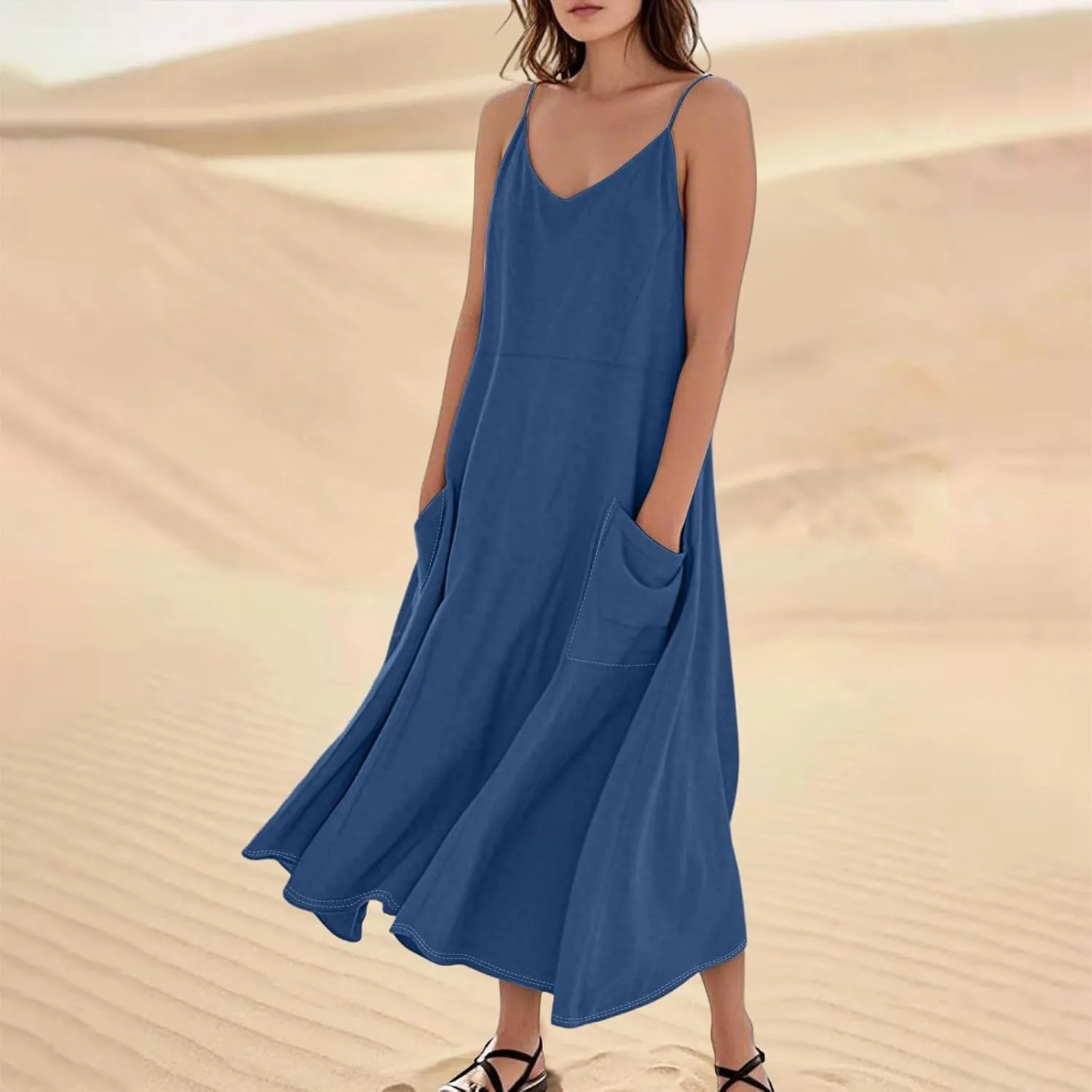 Women's Casual Solid Color Dresses Adult Summer Loose Sleeveless Pocket Spaghetti Straps Dresses