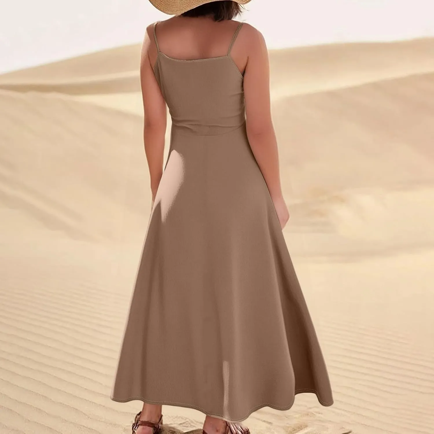 Women's Casual Solid Color Dresses Adult Summer Loose Sleeveless Pocket Spaghetti Straps Dresses