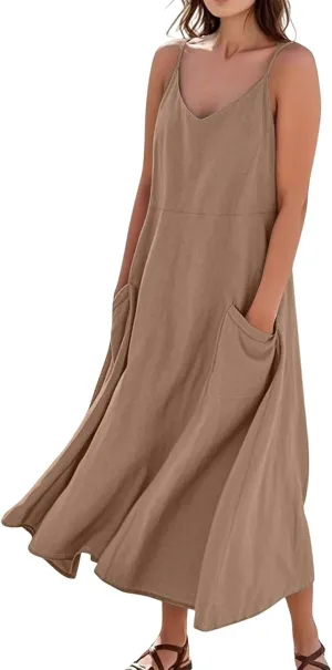Women's Casual Solid Color Dresses Adult Summer Loose Sleeveless Pocket Spaghetti Straps Dresses