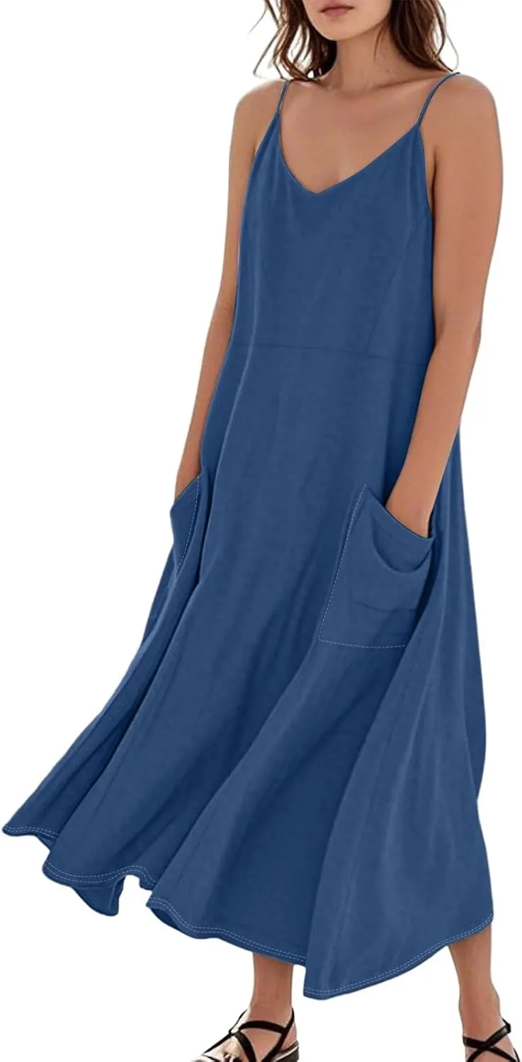 Women's Casual Solid Color Dresses Adult Summer Loose Sleeveless Pocket Spaghetti Straps Dresses