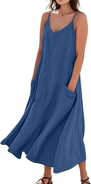 Women's Casual Solid Color Dresses Adult Summer Loose Sleeveless Pocket Spaghetti Straps Dresses