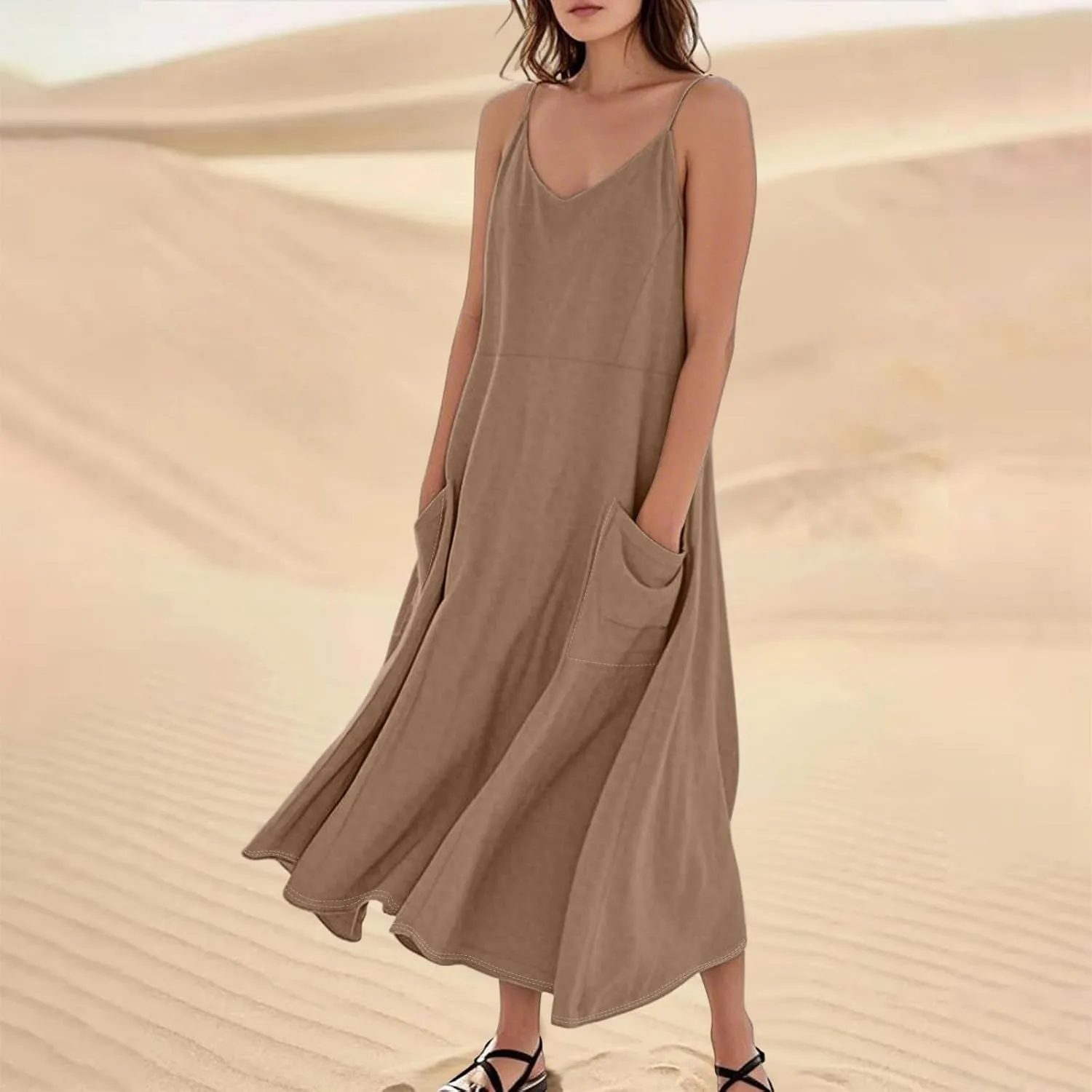 Women's Casual Solid Color Dresses Adult Summer Loose Sleeveless Pocket Spaghetti Straps Dresses